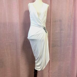 Vintage NWT Vintage Robert Rodriquez White V-Neck  Dress w/ Rhinestone Accents